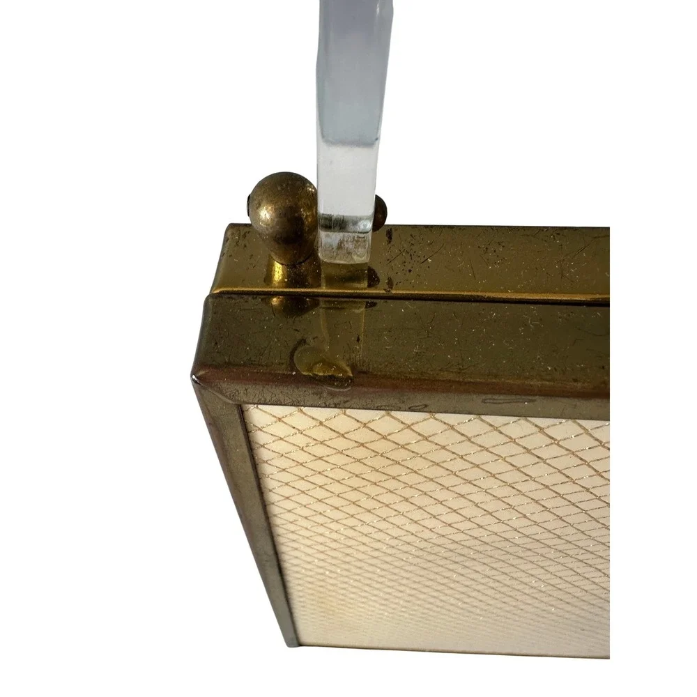 Vintage Mid Century Gold Lattice Box Clutch Clear Lucite Handle Evening Bag